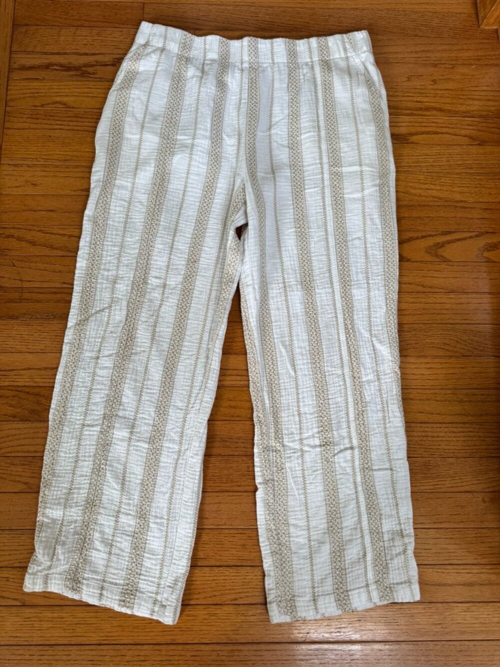 Coastal Comfort Gauze Pants XL | Cotton Beach White & Tan Stripe